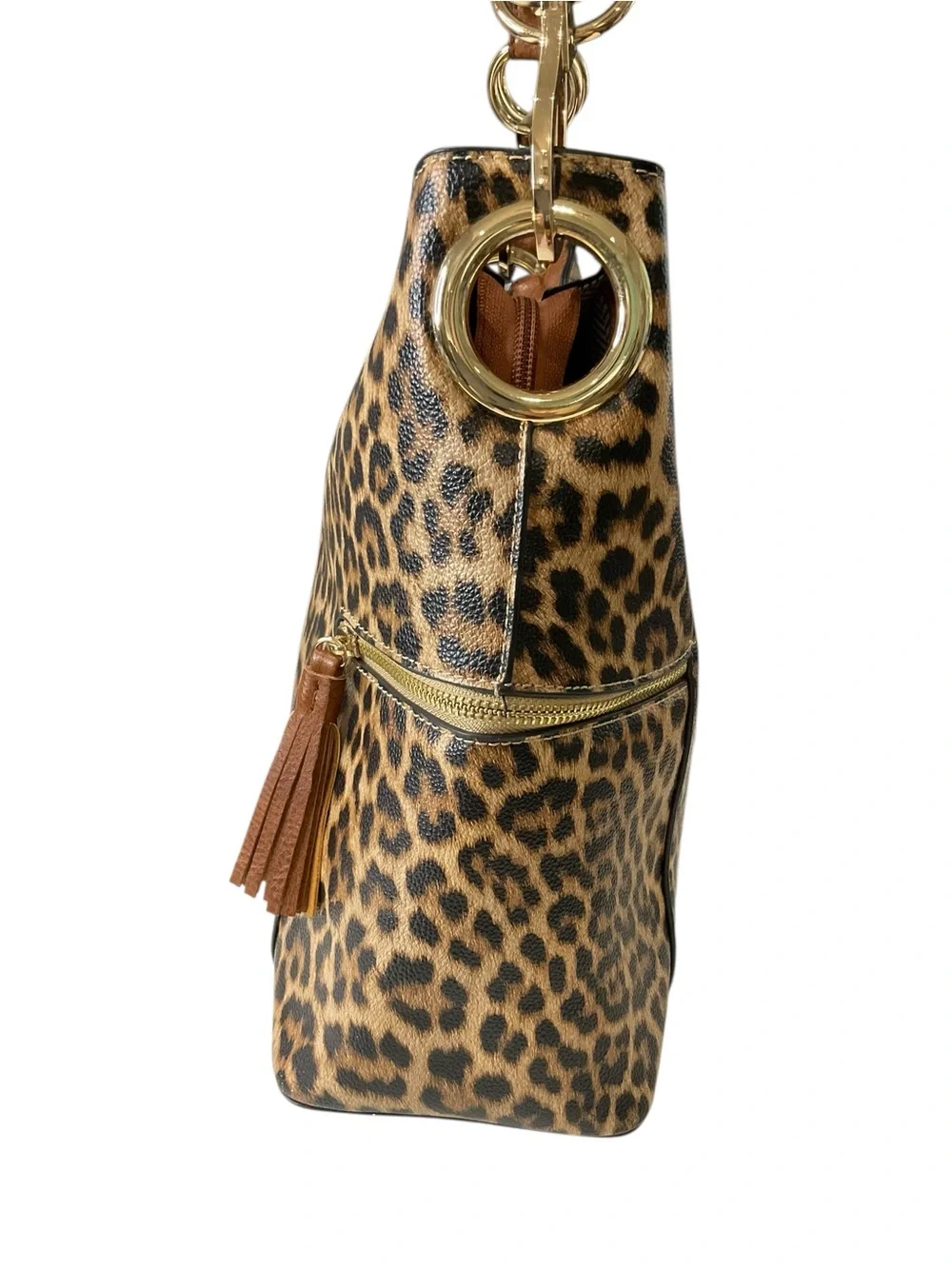 Jen & Co Leopard Print Hobo Bag with Tassel Zips - Brown